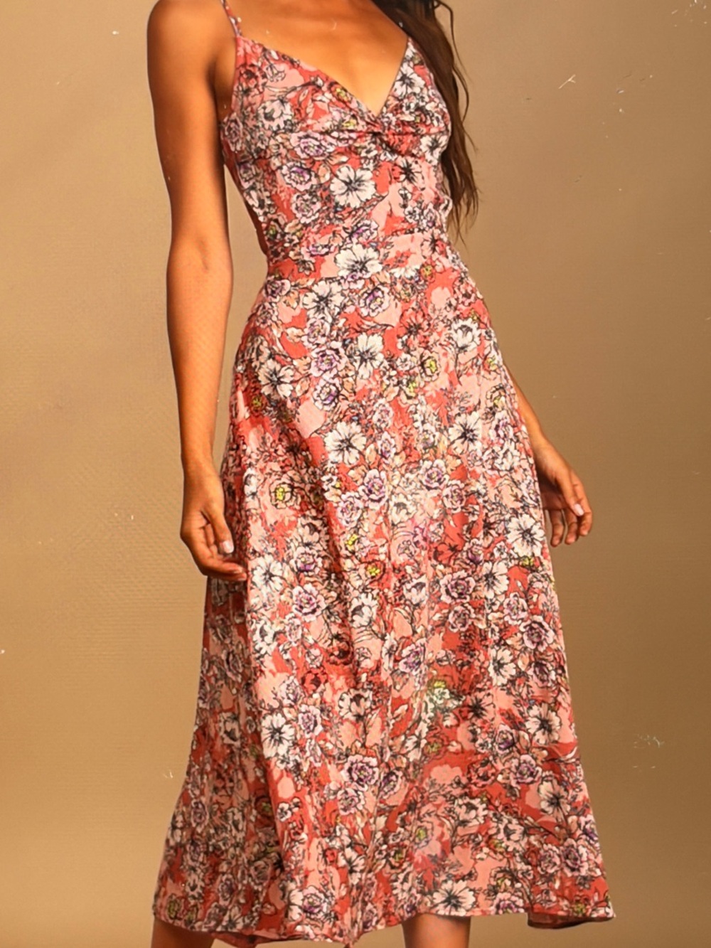 LULUS
Floral Spaghetti-Strap Midi Dress in Coral